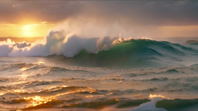 夕阳下的海浪翻滚 大浪 大海浪 浪花