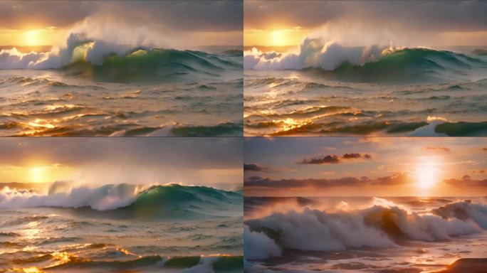 夕阳下的海浪翻滚 大浪 大海浪 浪花