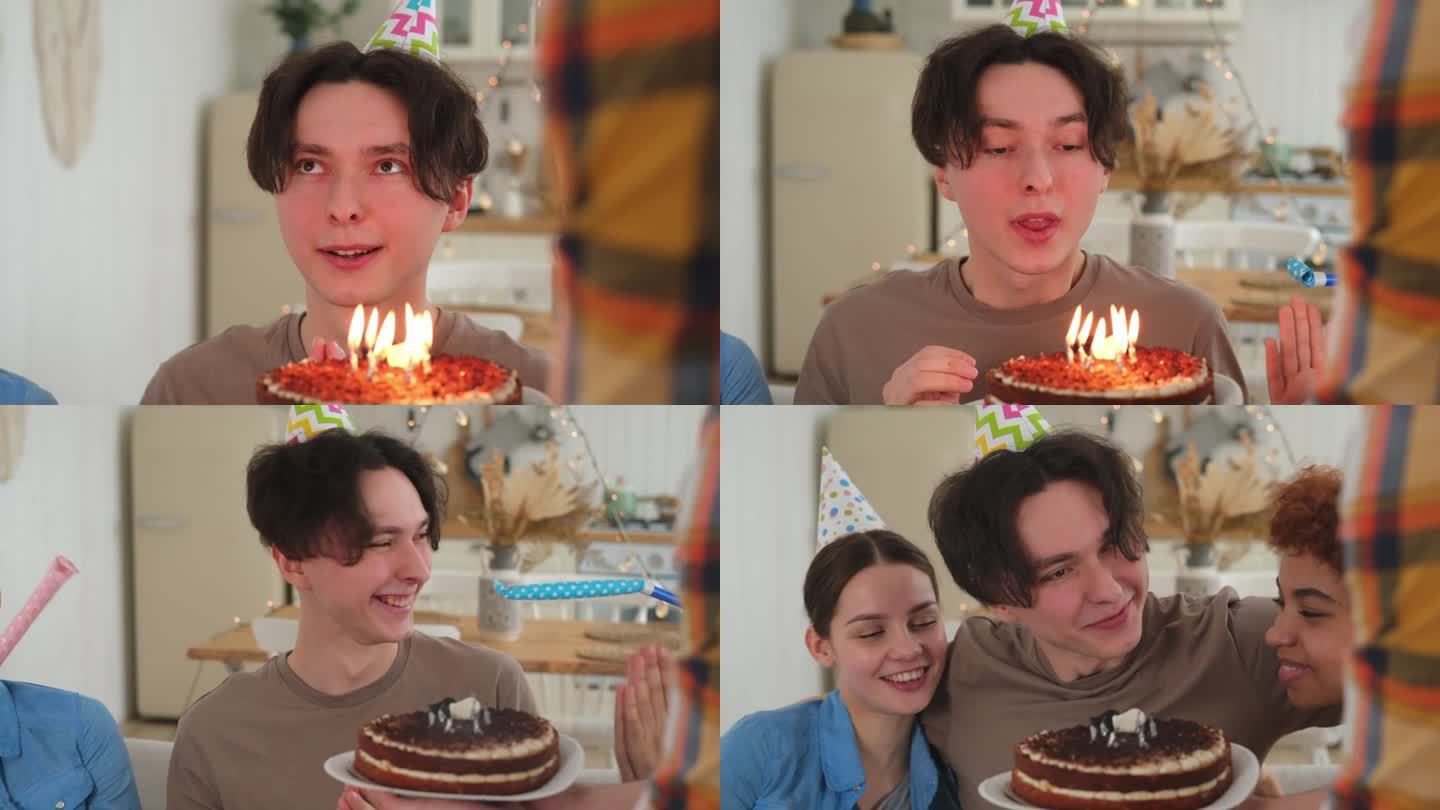 许个愿。戴着派对帽的男子吹灭了生日蛋糕上燃烧的蜡烛。生日派对快乐。一群朋友祝他生日快乐。人们在家里开