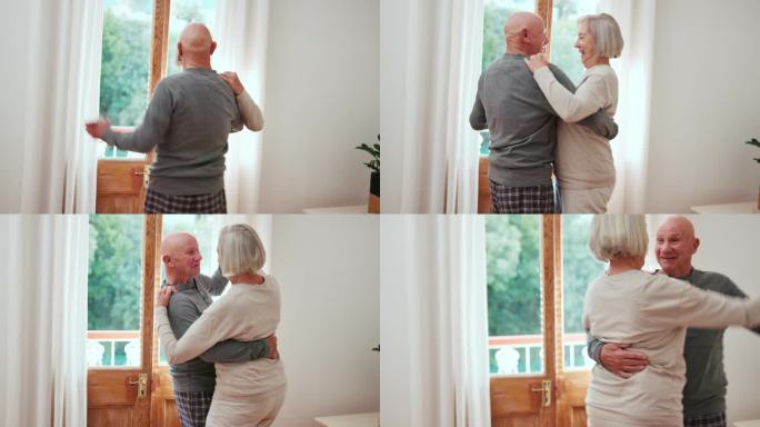 快乐，跳舞或老夫妇在客厅拥抱爱的纽带，关心或自由一起在家里。微笑，老人或老年妇女庆祝周年纪念日，假期