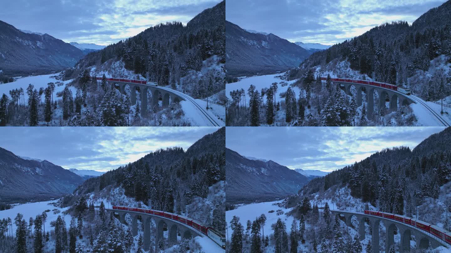 瑞士冰雪冬季的Landwasser高架桥与冰川和berina高速公路。