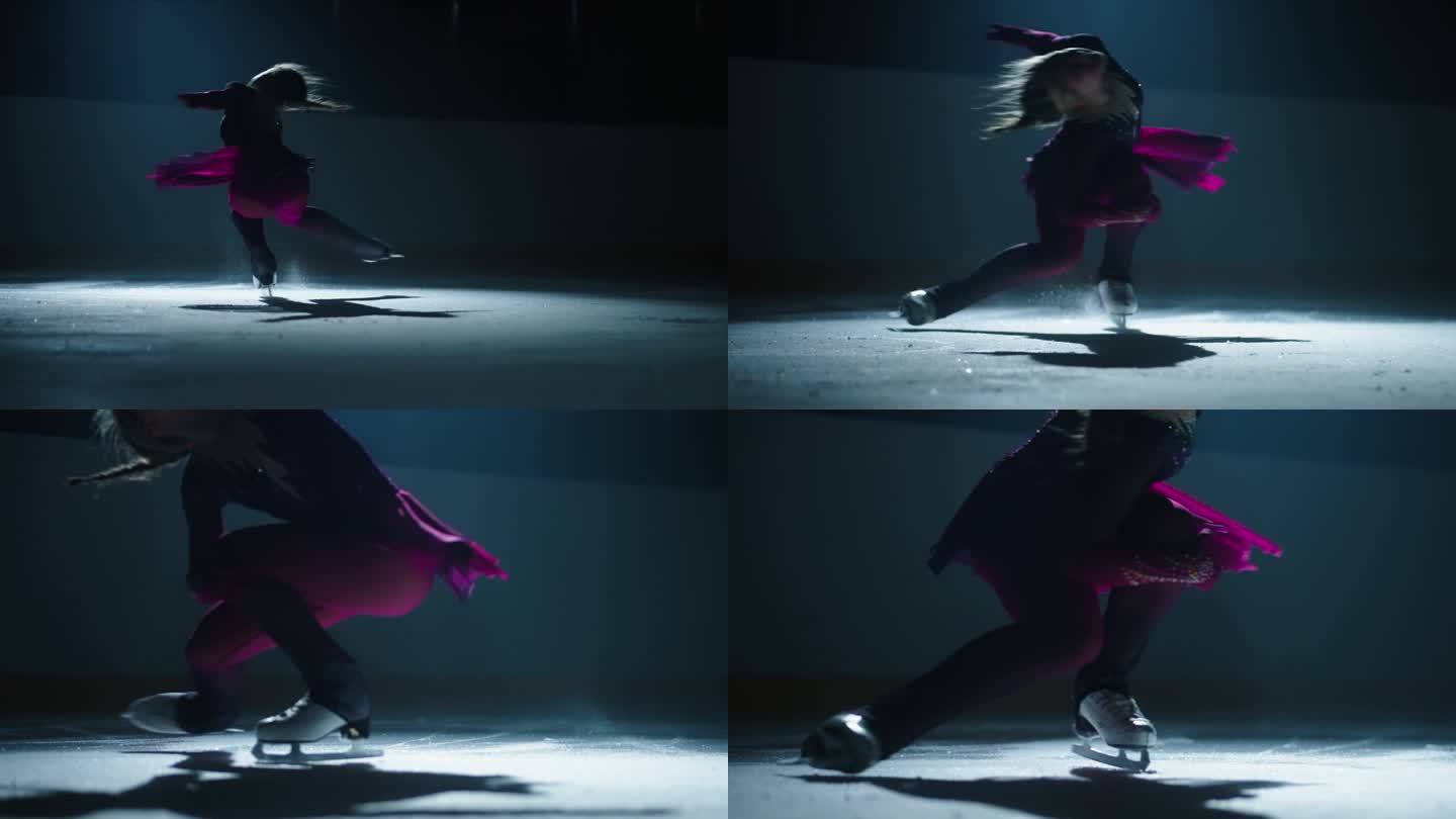 单人女子花样滑冰运动，女子滑冰运动员在冰上旋转，电影慢动作镜头