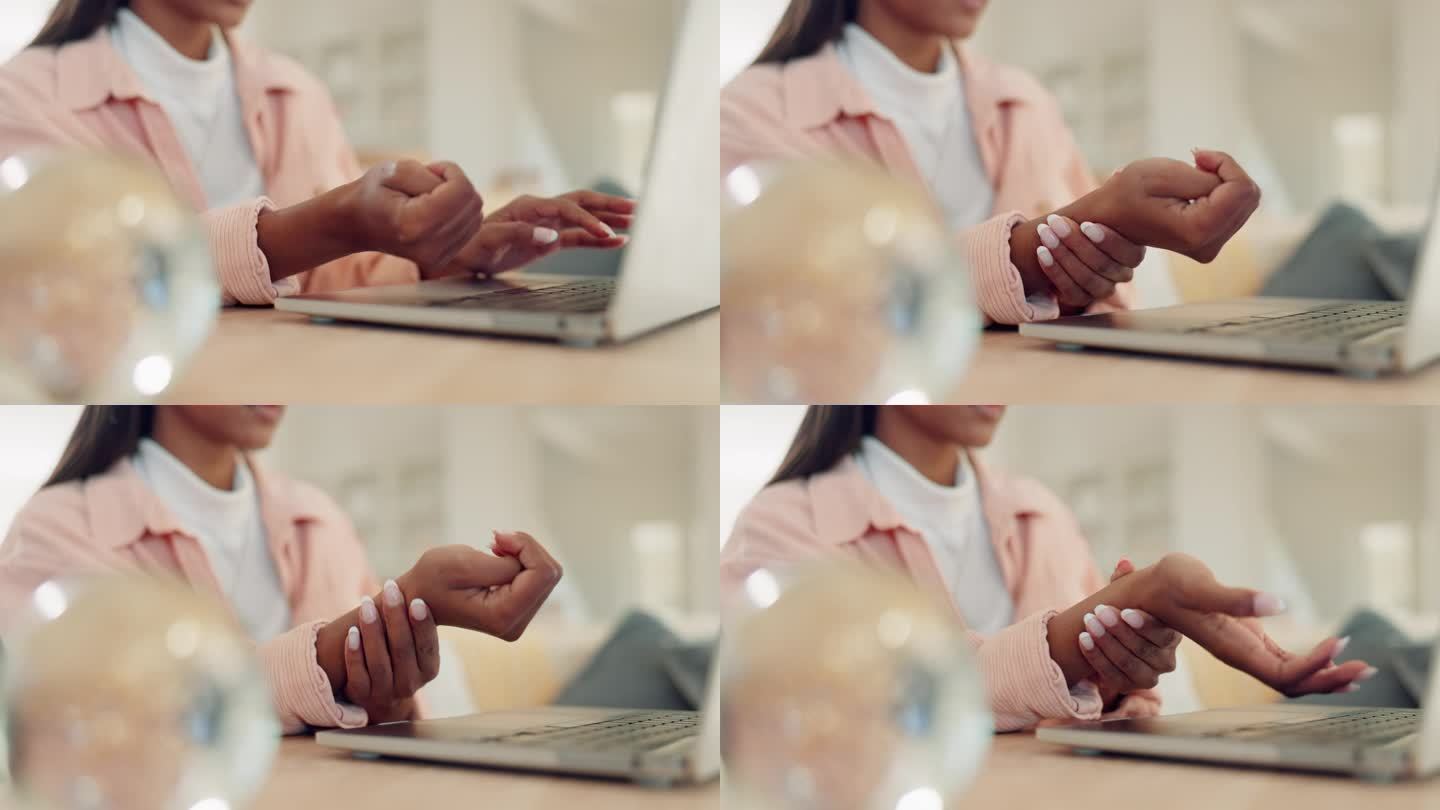 手、手腕疼痛、女性在办公桌上用笔记本电脑打字、关节炎疼痛或腕管综合症。手臂、损伤、电脑问题、纤维肌痛