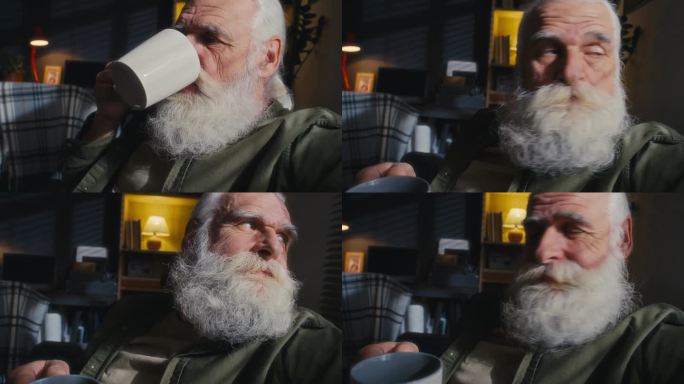 老人喝着咖啡，透过百叶窗往外看