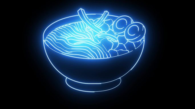 具有发光霓虹灯效果的典型韩国食品炸酱面图标的动画