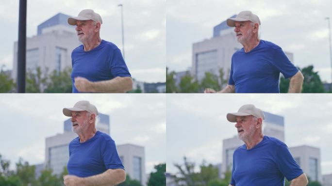 一位戴着棒球帽在城市里跑步的老人