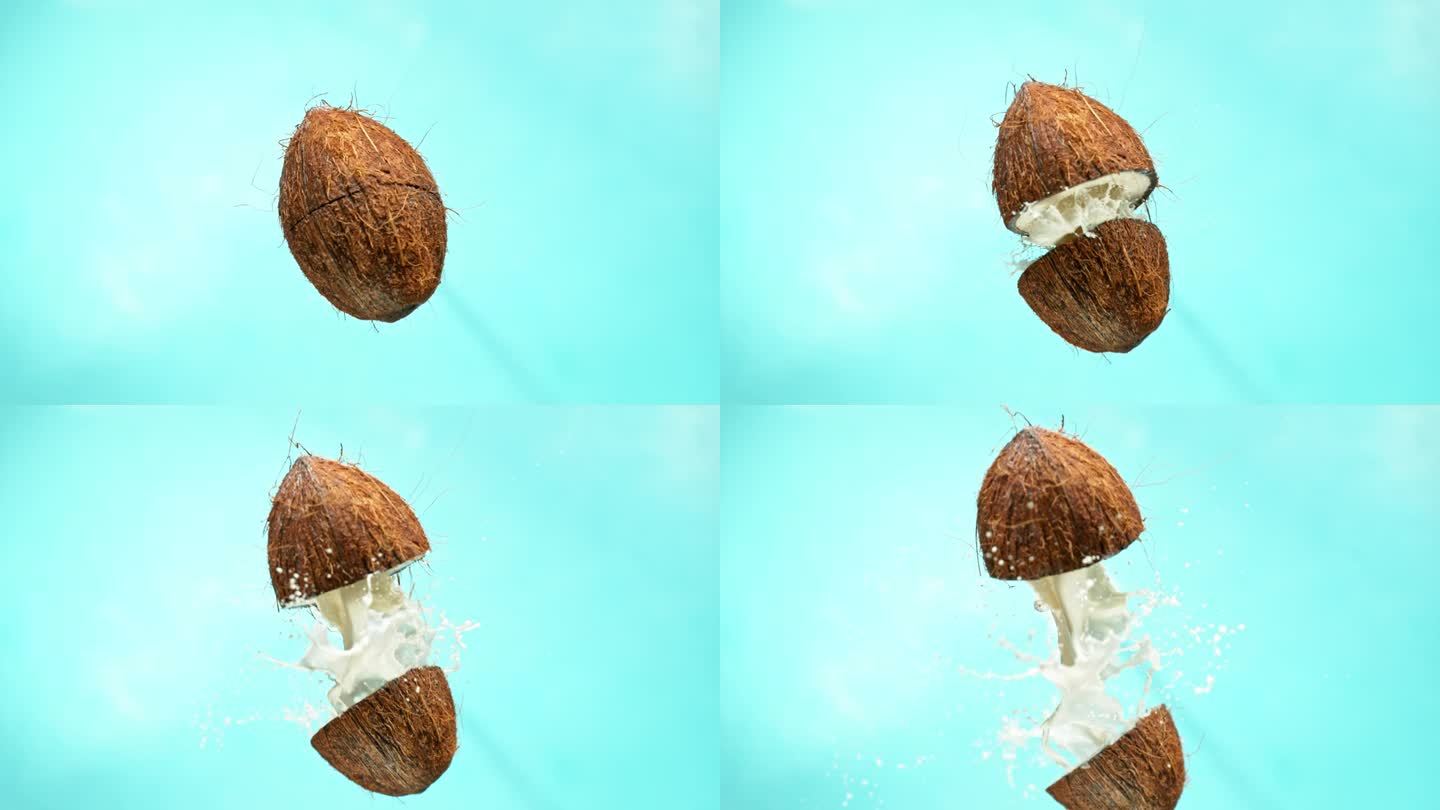 超级慢动作的椰壳与牛奶飞溅。