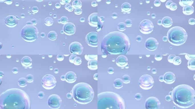 一幅宏观图像，在浅蓝色背景下，许多气泡在水中上升。