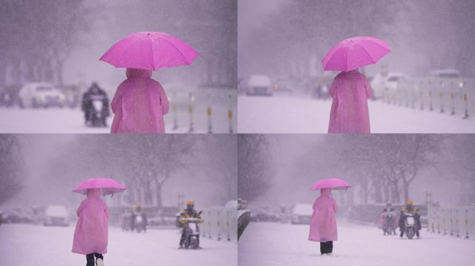 大雪中粉色雨伞 远去的背影