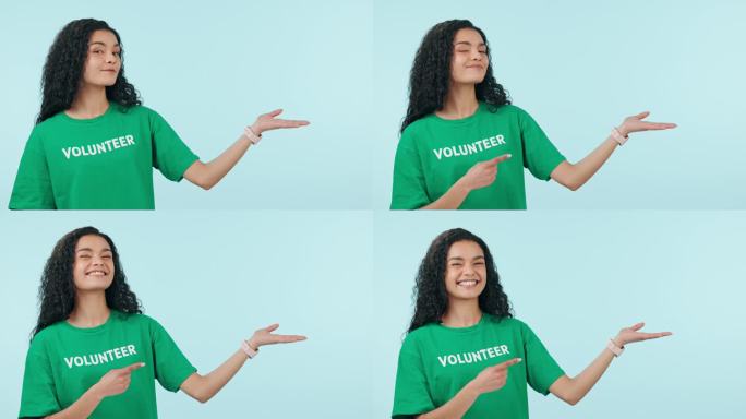 妇女，脸和手指向志愿者展示广告和非政府组织慈善信息。蓝色背景，工作室和模拟空间的志愿者，非营利组织和