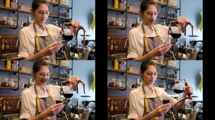 穿着围裙的年轻亚洲咖啡师女士拿着滴漏式咖啡吸管，将咖啡倒进杯子里。创业小生意的概念。