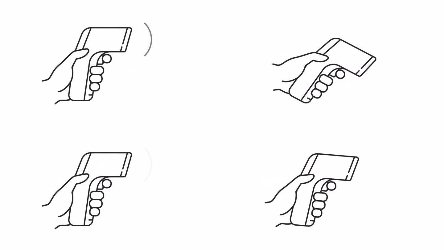 手部2D黑色细线动画采用红外测温仪，透明背景高清视频，无缝循环4K视频代表测量仪器