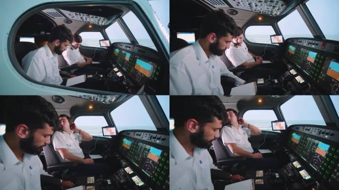 学生飞行员在模拟器上飞行课，准备起飞和检查清单