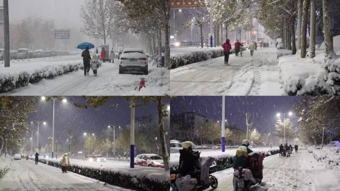 雪天步行行人漫步滑倒大雪暴雪雪景马路