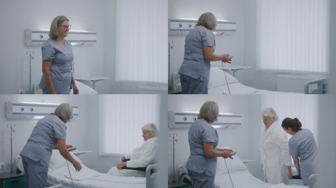 护士帮老人推轮椅，把她放到床上