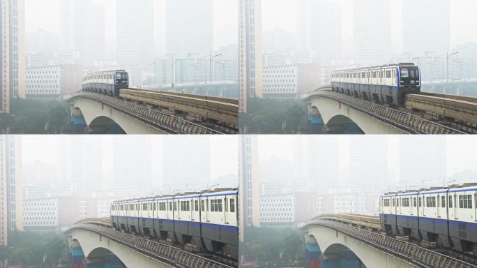 重庆地铁 轻轨3号线 行驶在高架桥上