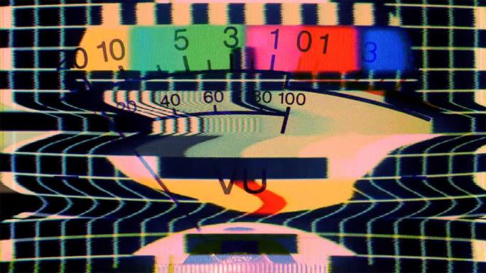 模拟音量单位仪表VU仪表故障电视静态噪声失真信号问题错误视频损坏复古风格80年代VHS测试图