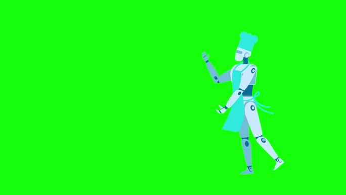 白色友好的厨师机器人。机器人在运动。机器人厨师，系着围裙，头上戴着厨师帽。烹饪机器人人工智能概念。2