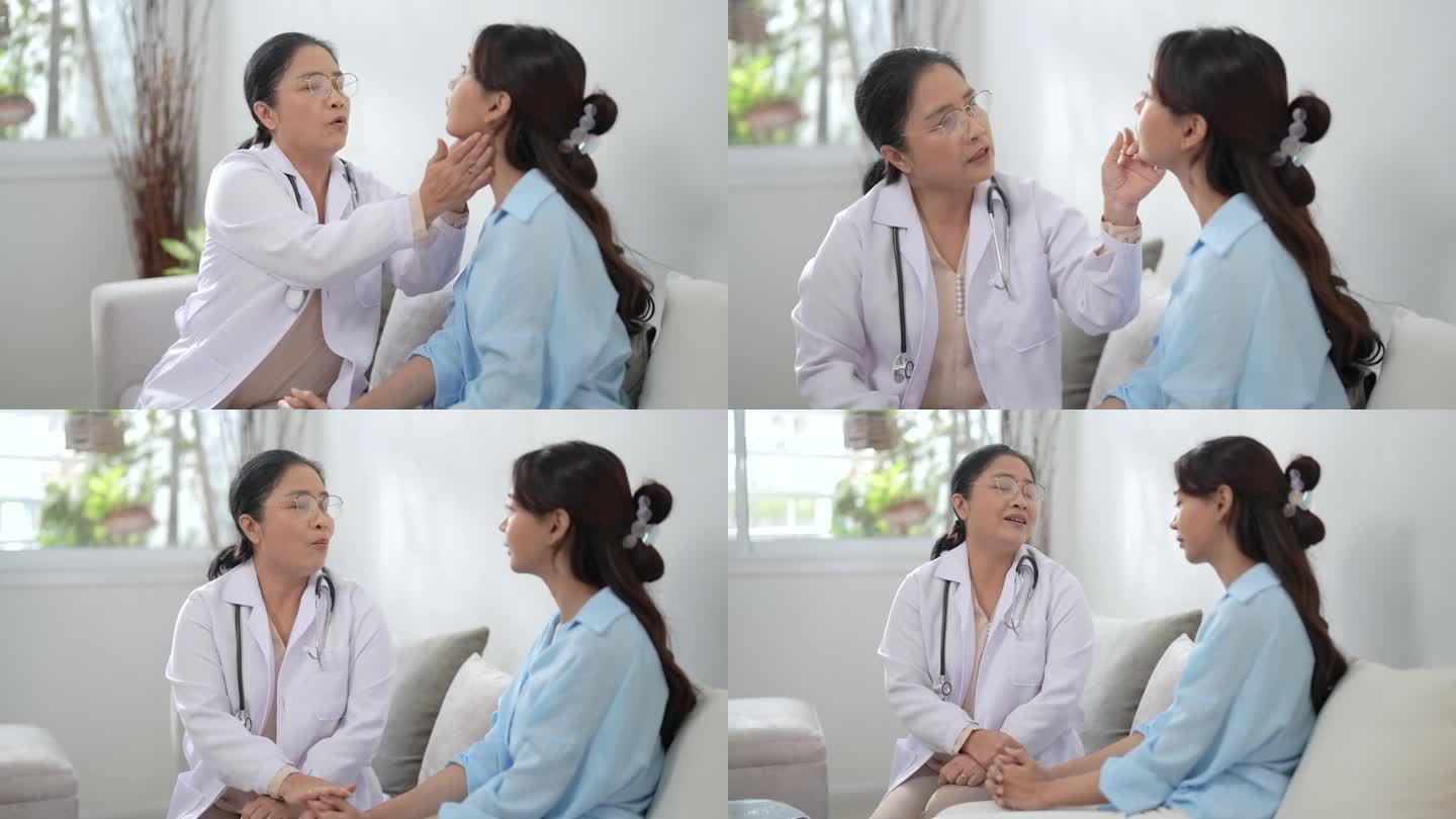 亚洲医生检查美丽病人的喉咙，检查症状、保健和医疗观念。