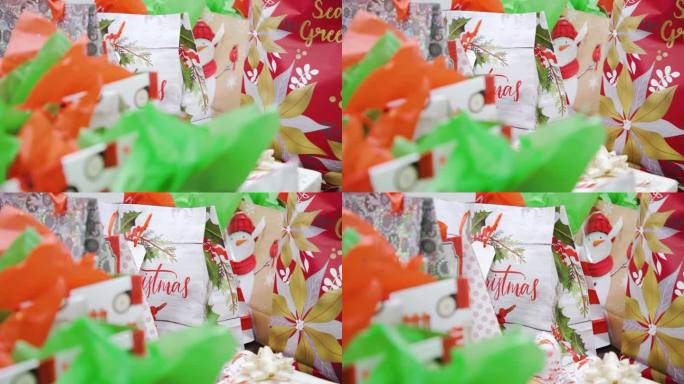慢4k建立Shot堆节日个人护理产品彩色圣诞礼品袋Eve盒子贺卡包裹在多色节日纸秘密圣诞老人