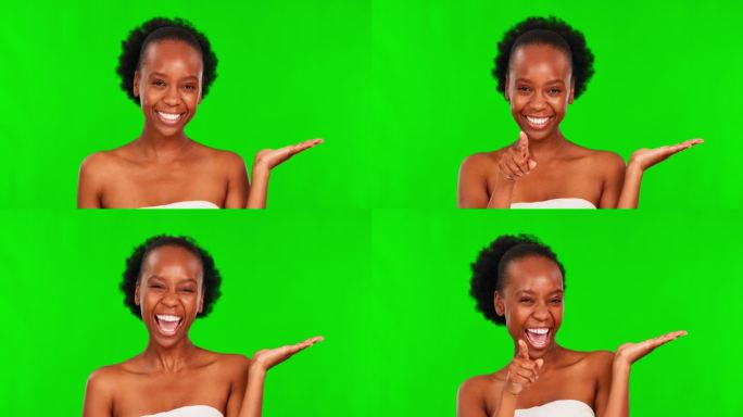 绿屏微笑，美女脸或黑人女性点，掌心呈现手势和选择化妆品彩妆推广。色度关键肖像，模型空间或女性护肤大使