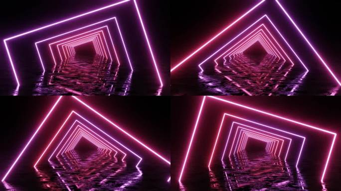 3d渲染，抽象几何背景，荧光紫外线，发光霓虹灯线旋转隧道，蓝红粉紫光谱，旋转，现代彩色照明，4k动画