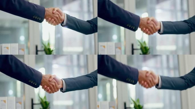 商务人士、企业人士和握手代表成功，合作伙伴和会议代表合作。特写，团队和握手交易，支持和b2b网络与信