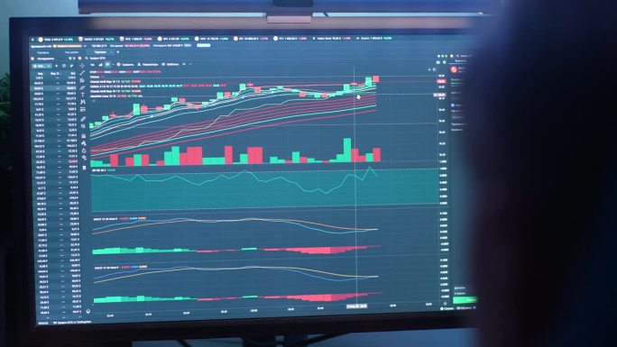 后视图认不出金融分析师男性使用电脑显示实时股票，交易市场图表，缓慢。