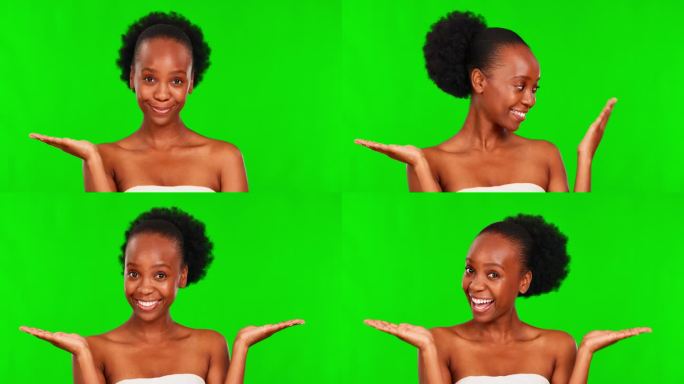 绿屏、美女脸和快乐黑人女性的比较，决定了spa化妆品的比例还是平衡妆容。色度键肖像，护肤选择模型和人