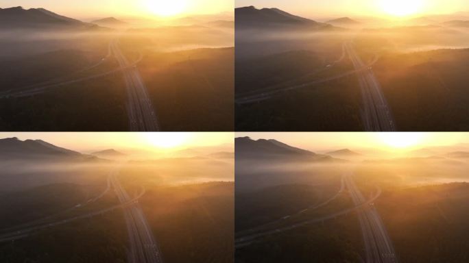 高速公路日出云海航拍