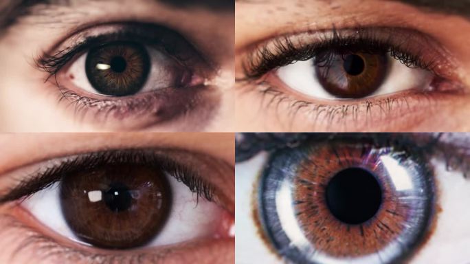来自世界各地的人们看镜头的不同眼睛特写序列-不同的多元文化的人类眼睛-男人和女孩的脸-多元包容和平等