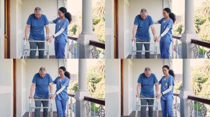 老人，男人和护士带助行器，帮助和支持活动，物理治疗或阳台上的康复。老年人，个人和护理人员或专业人士在