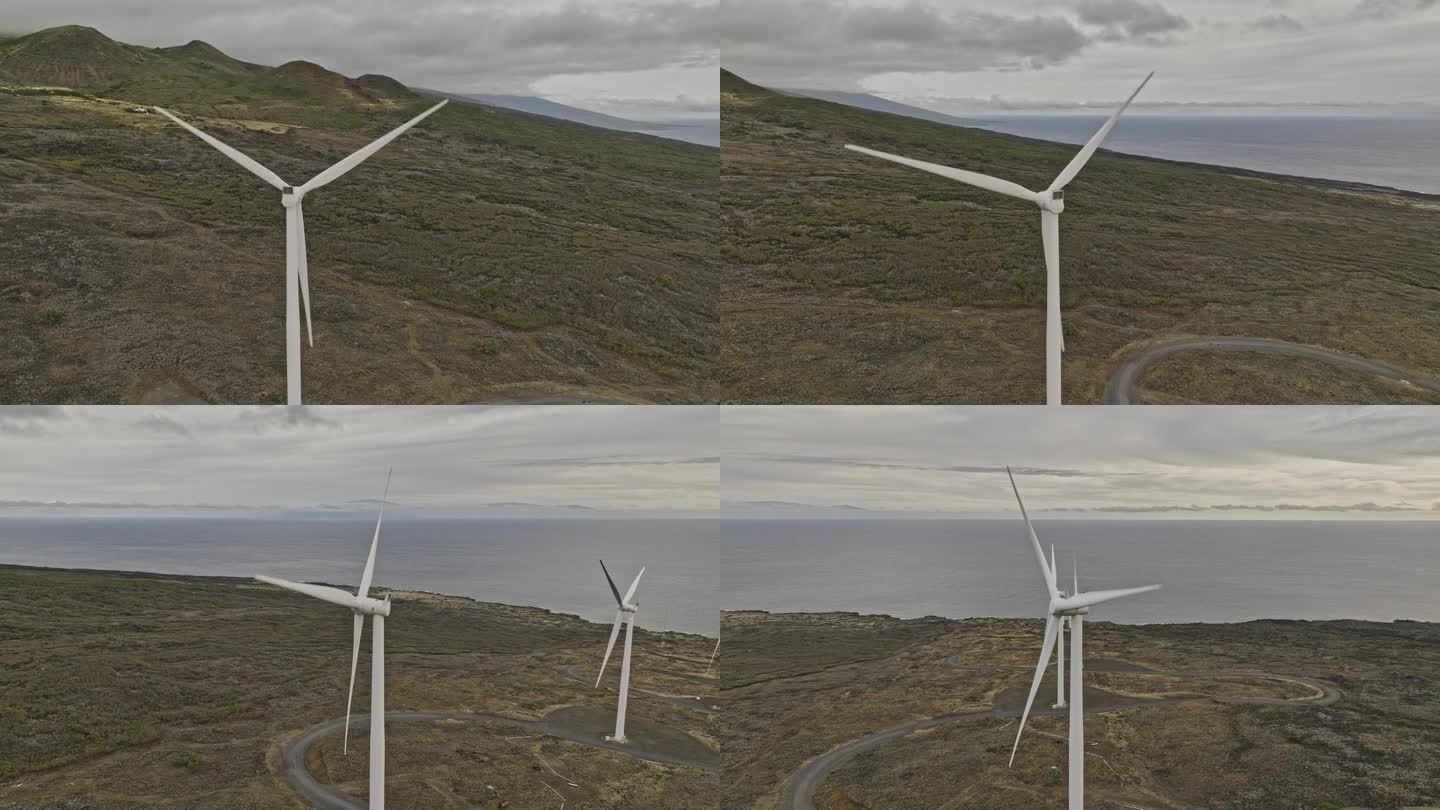 夏威夷毛伊岛的空中飞行和周围的Auwahi风力涡轮机在岛上东南海岸的Ulupalakua牧场，产生清