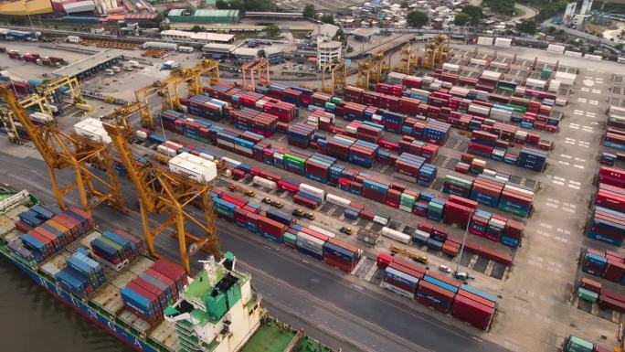 航拍录像，集装箱和船舶在国际货物港
