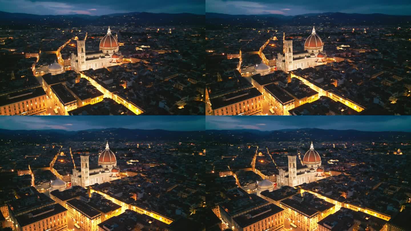 鸟瞰实时镜头的佛罗伦萨大教堂或大教堂圣玛丽亚德尔菲奥里和佛罗伦萨城市，这是全景，佛罗伦萨，意大利