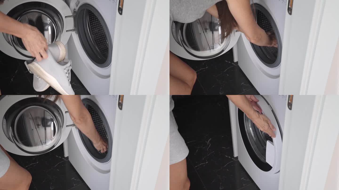 女人在洗衣机里洗运动鞋，鞋子护理，女人的手特写