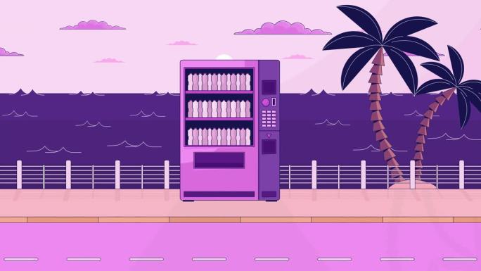 饮料自动贩卖机在海滨低保真动画卡通背景。饮料自动90年代复古高保真美学动态壁纸动画