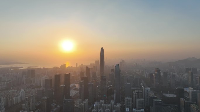 深圳福田区市中心航拍平安大厦夕阳黄昏日落