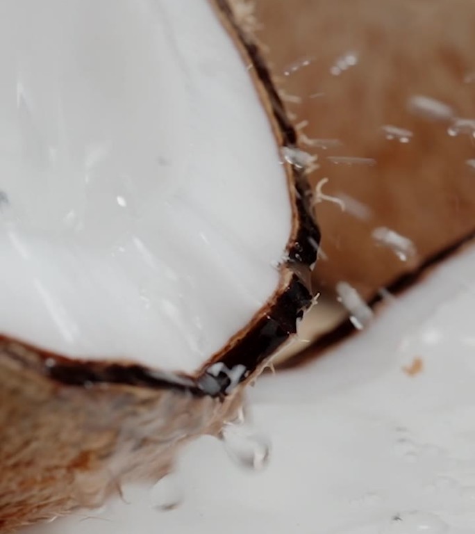 垂直视频。椰奶从断椰子的两半流出来，慢镜头。