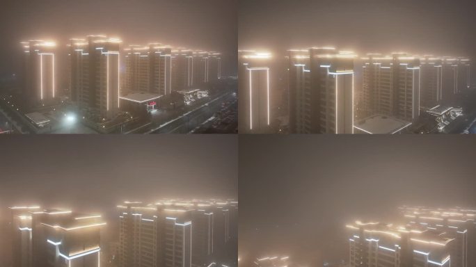 城市冬季夜景大雾航拍