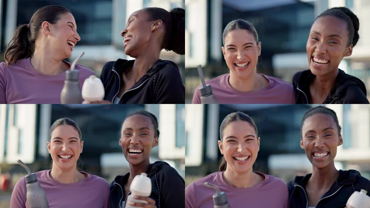 健身时，脸上带着笑意的女性在户外为锻炼和训练用水瓶欢呼或搞笑。喜剧，人们和运动员带着喜剧的微笑在大自