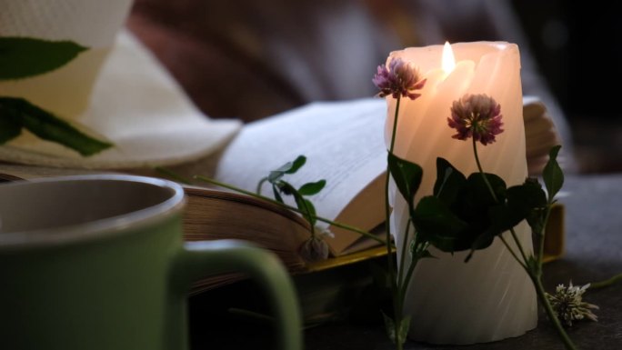 烛光在黑暗中，鲜花在读书。在家里舒适的夜晚。复古的。燃烧的蜡烛