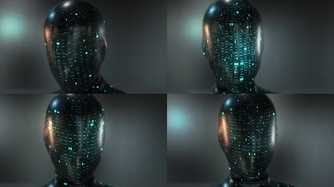 人形脸，未来网络金属头，数字科技，智能机器概念，人工智能，3d渲染插画，深色背景带复制空间