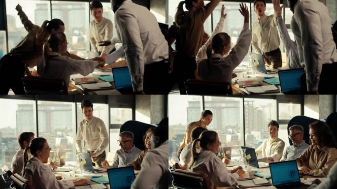 一群办公室工作人员团结起来，把手放在一起，举起来。保持团队员工的士气