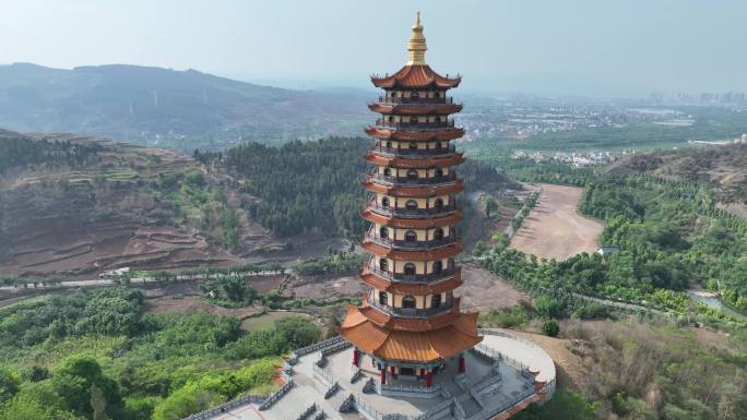 航拍云南红河弥勒寺龙华宝塔寺庙