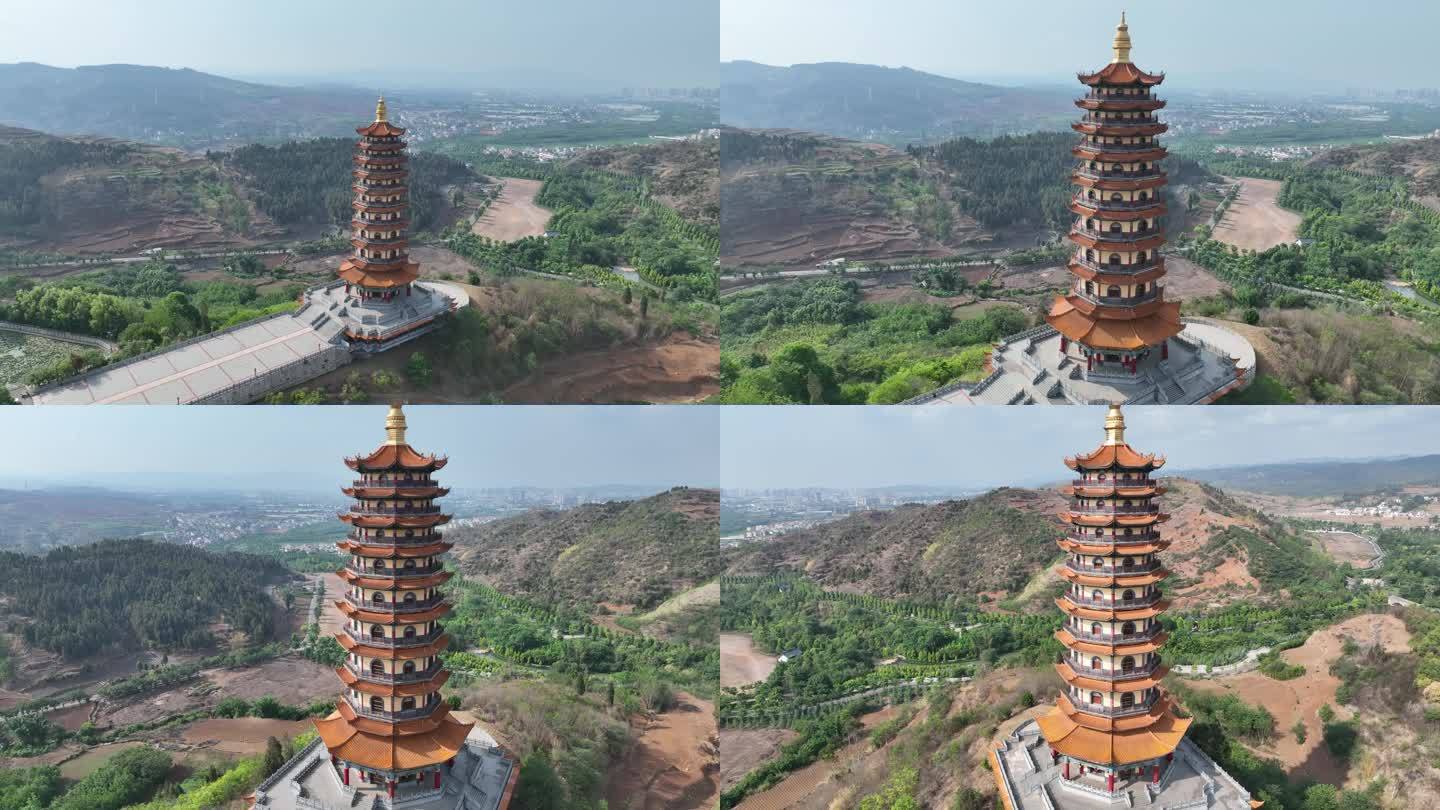 航拍云南红河弥勒寺龙华宝塔寺庙