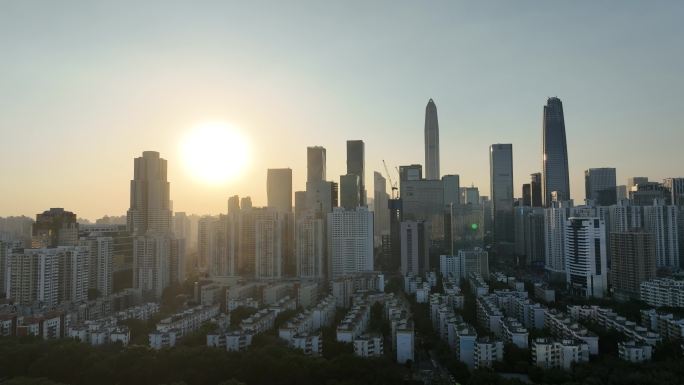 深圳福田区市中心航拍平安大厦夕阳黄昏日落