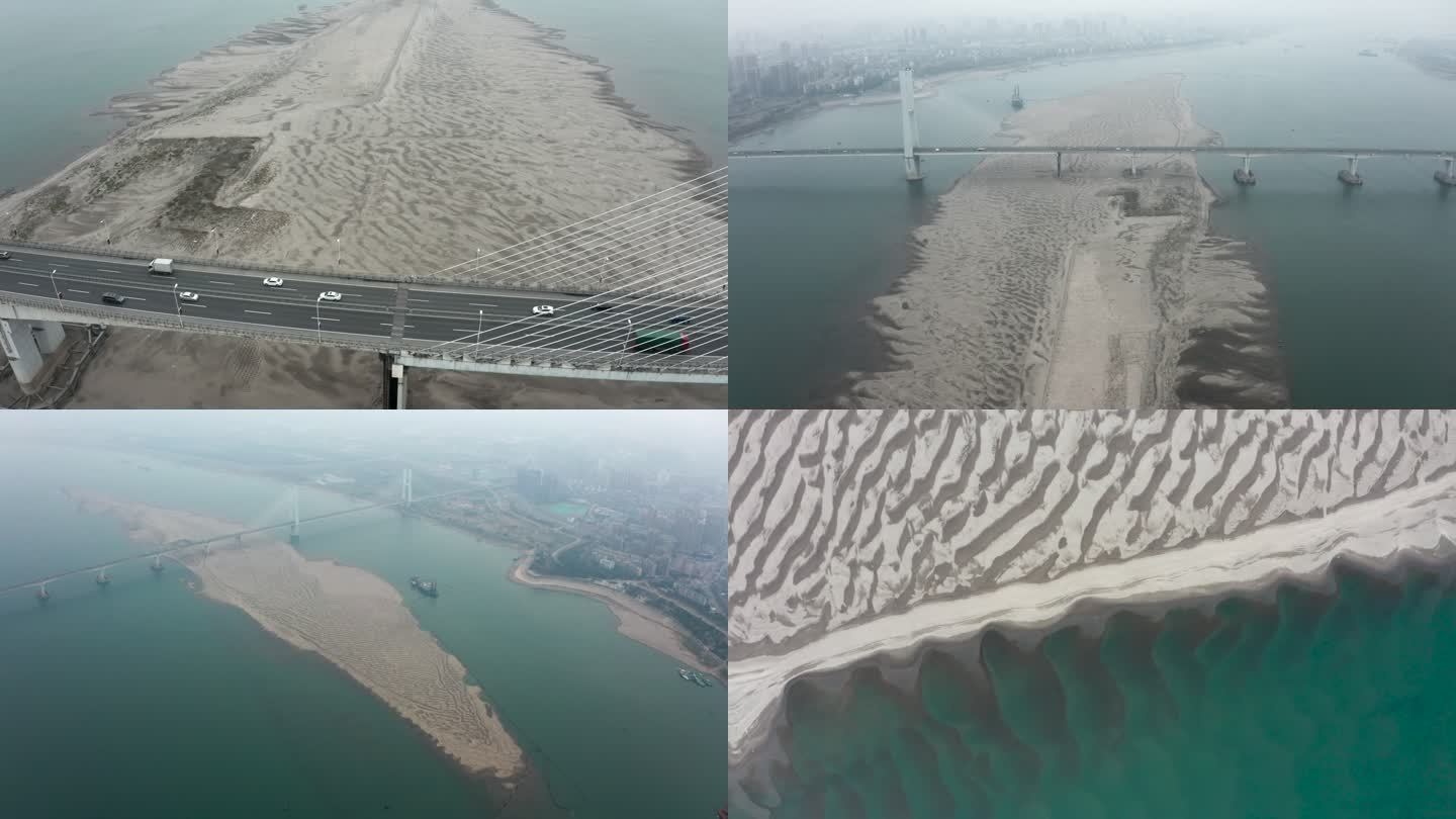 荆州沙市长江大桥太阳岛沙滩碧水丘壑翡翠色