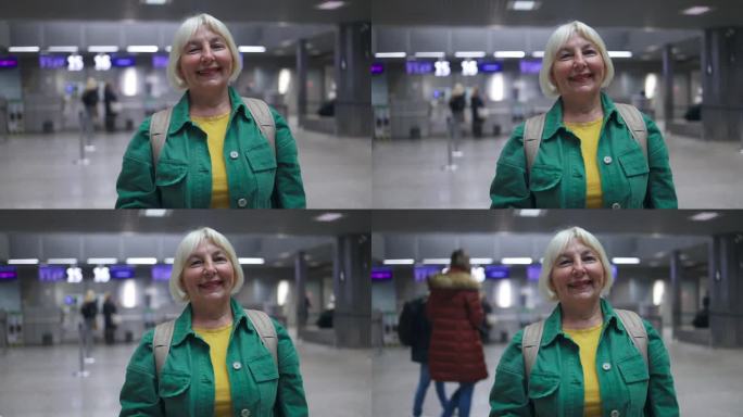 白种金发的老年女性，在国际机场拿着护照和登机护照，在航班问讯处查询航班