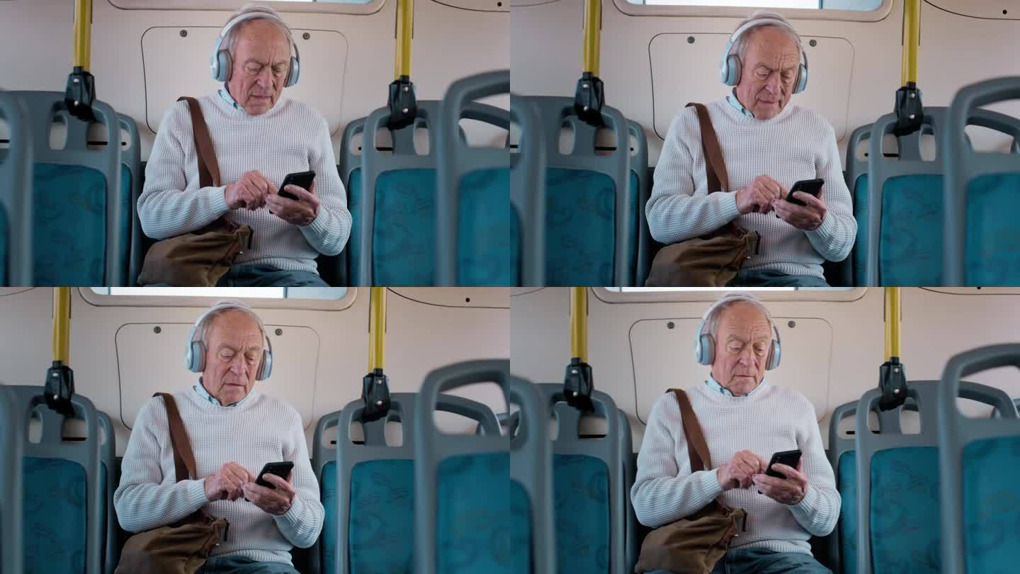 耳机，手机和老人在公交车上听音乐，播放列表或专辑在早上。来自加拿大的快乐，微笑的老年男性，在乘坐公共